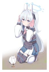 Rule 34 | 1girl, animal ear headphones, animal ears, blue archive, bulletproof vest, carrot, commentary request, eating, fake animal ears, gloves, halo, headphones, highres, hoshino ouka, knee pads, looking at viewer, miyako (blue archive), purple eyes, rabbit, rabbit pose, school uniform, simple background, smile, solo, tactical clothes, white background