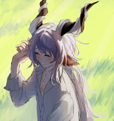 Rule 34 | 1boy, ^ ^, animal ears, arknights, arm up, closed eyes, collared shirt, day, dress shirt, eyebrows hidden by hair, grass, grey hair, horns, i (pixiv27212731), kreide (arknights), long hair, long sleeves, male focus, outdoors, shirt, smile, solo, very long hair, white shirt