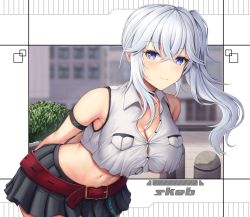Rule 34 | 1girl, arm strap, bare shoulders, belt, black skirt, blue eyes, blush, breasts, buran (22x), cleavage, closed mouth, commentary request, commission, crossed bangs, grey hair, highres, large breasts, long hair, looking at viewer, navel, original, pleated skirt, red belt, side ponytail, skeb commission, skirt, smile, solo