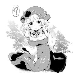 Rule 34 | 1girl, ?, aki minoriko, blush, bow, breasts, buttons, commentary, dress, food, frills, fruit, grapes, greyscale, hat, hat ornament, kneeling, large breasts, leaf, leaf background, mob cap, monochrome, open mouth, short hair, solo, spoken question mark, tanasuke, touhou, wheat, white background, wide sleeves