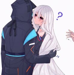 Rule 34 | 1boy, 1girl, ?, arknights, black coat, black gloves, coat, commentary request, doctor (arknights), gloves, highres, hood, hooded coat, hug, hug from behind, long hair, looking at another, looking up, male doctor (arknights), out of frame, red eyes, simple background, skadi (arknights), tsume3mai, very long hair, white background, white hair