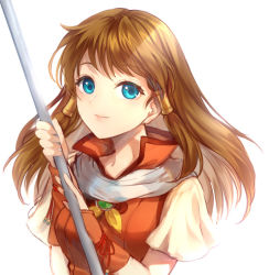 Rule 34 | 1girl, aged up, blue eyes, brown hair, closed mouth, fire emblem, fire emblem: radiant dawn, holding, holding staff, jurge, long hair, mist (fire emblem), nintendo, simple background, solo, staff, upper body, white background