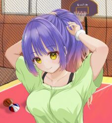 Rule 34 | 1girl, alternate hairstyle, arms up, ball, basketball (object), basketball court, blue hair, blurry, blurry background, blush, breasts, casual, closed mouth, collarbone, commentary request, eyelashes, eyes visible through hair, fur cuffs, gradient hair, green shirt, hair between eyes, hair ornament, hairclip, highres, indoors, kohibari kurumi, large breasts, lips, long hair, looking at viewer, multicolored hair, pink hair, ponytail, shirt, short sleeves, smile, solo, tenshi souzou re-boot!, tsubatyissimo2, very long hair, white wrist cuffs, wrist cuffs, x hair ornament, yellow eyes