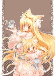 Rule 34 | 2girls, age difference, animal ears, bare shoulders, blonde hair, braid, cat ears, child, fox ears, hanpen, long hair, mature female, mother and daughter, mouse (animal), multiple girls, original, puus