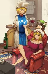 Rule 34 | &gt;:/, 3girls, :3, absurdres, alcohol, animal ears, animal hat, annoyed, arm rest, arm up, armchair, bare arms, bare legs, bare shoulders, barefoot, blonde hair, bottle, grabbing another&#039;s breast, breasts, bright pupils, brown hair, cat ears, chair, chanta (ayatakaoisii), chen, cleavage, closed mouth, commentary, crossed legs, cup, dress, drink, drinking glass, earrings, food, fox tail, frilled sleeves, frills, full body, grabbing, hands up, hat, hat ribbon, highres, holding, holding tray, indoors, jewelry, knee up, light smile, long hair, looking at another, looking down, medium dress, mob cap, multiple girls, multiple tails, off-shoulder dress, off shoulder, orange eyes, outstretched arm, plate, red eyes, ribbon, short hair, short sleeves, single earring, sitting, slit pupils, standing, tabard, tail, television, touhou, tray, v-shaped eyebrows, white dress, white pupils, wine, wine bottle, wine glass, yakumo ran, yakumo yukari