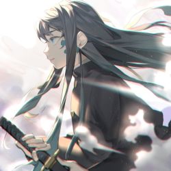 Rule 34 | 1boy, black hair, black jacket, blue eyes, chinese commentary, chromatic aberration, commentary request, dust cloud, facial mark, from side, gakuran, green hair, highres, holding, holding sword, holding weapon, jacket, katana, kimetsu no yaiba, male focus, multicolored hair, parted lips, school uniform, solo, streaked hair, sword, tefco, tokitou muichirou, weapon