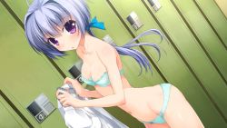 Rule 34 | 1girl, bare shoulders, berry&#039;s, blue hair, blush, bra, breasts, cleavage, game cg, highres, legs, long hair, looking at viewer, nanao naru, navel, panties, ponytail, purple eyes, satou haruki, small breasts, solo, standing, thighs, underwear, undressing
