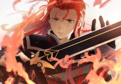 Rule 34 | 1boy, asch (tales), black gloves, black jacket, commentary request, embers, fire, gloves, green eyes, hair pulled back, hands up, high collar, highres, holding, holding sword, holding weapon, jacket, long hair, long sleeves, looking at viewer, male focus, meba, open hand, parted lips, red hair, serious, shoulder pads, sidelocks, solo, sword, tabard, tales of (series), tales of the abyss, upper body, weapon