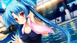 Rule 34 | 1girl, bare shoulders, blue hair, blush, breasts, cleavage, game cg, happy, hitotsu tobashi ren&#039;ai, long hair, looking at viewer, microphone, pool, red eyes, smile, sonohara aori, standing, swimsuit, towel, twintails, water, wet