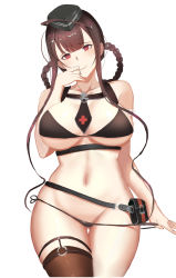 Rule 34 | 1girl, bad id, bad pixiv id, bikini, bikini pull, black bikini, black necktie, black thighhighs, blunt bangs, blush, braid, breasts, brown hair, closed mouth, clothes pull, collarbone, cowboy shot, dsr-50 (girls&#039; frontline), garrison cap, girls&#039; frontline, gongba laoge, hand up, hat, highres, hip focus, large breasts, long hair, looking at viewer, military hat, navel, necktie, pouch, red eyes, side-tie bikini bottom, sidelocks, simple background, single thighhigh, smile, solo, strap, swimsuit, thick thighs, thighhighs, thighs, underboob, white background