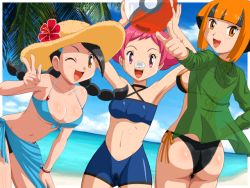 Rule 34 | 00s, 3girls, armpits, arms up, ass, ball, bandaid, bandaid on face, bandaid on nose, beach, beachball, bike shorts, bikini, bikini under clothes, black bikini, black hair, blue bikini, bracelet, breasts, brown eyes, brown hair, candice (pokemon), cleavage, cloud, cowboy shot, creatures (company), criss-cross halter, day, flower, foreshortening, from behind, front-tie bikini top, front-tie top, game freak, gardenia (pokemon), gym leader, hair ornament, halterneck, hand on own hip, hand on own thigh, happy, hat, hat flower, hibiscus, holding, jewelry, leaning forward, long hair, low twintails, maylene (pokemon), midriff, multi-tied hair, multicolored hair, multiple girls, navel, nintendo, ocean, one eye closed, open clothes, open shirt, orange eyes, orange hair, outdoors, outstretched arm, palm tree, panties, pink eyes, pink hair, pointing, pointing at viewer, poke ball, pokemoa, pokemon, pokemon dppt, sarong, see-through, shirt, short hair, side-tie bikini bottom, sideboob, sidelocks, sky, small breasts, smile, sports bikini, straw hat, swept bangs, swimsuit, swimsuit under clothes, tomboy, tree, twintails, two-tone hair, underboob, underwear, v