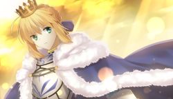 Rule 34 | 1girl, armor, artoria pendragon (fate), blonde hair, cape, crown, fate/grand order, fate/stay night, fate (series), green eyes, looking at viewer, minamina, saber (fate), solo, upper body