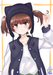 Rule 34 | 10s, 1girl, absurdres, alisa (girls und panzer), animal hat, artist name, bad id, bad pixiv id, black hat, black jacket, blush, brown eyes, brown hair, casual, cat hat, closed mouth, cmpede, commentary, freckles, frown, girls und panzer, hat, head tilt, highres, holding, holding hair, jacket, letterman jacket, long sleeves, looking at viewer, one-hour drawing challenge, open clothes, open jacket, shirt, short hair, short twintails, solo, standing, twintails, twitter username, upper body, white shirt