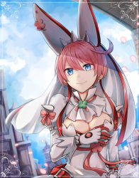 Rule 34 | 1girl, ahoge, bad id, bad pixiv id, blue eyes, breasts, cleavage, clover, commentary, dress, elphelt valentine, four-leaf clover, gloves, guilty gear, guilty gear xrd, hair between eyes, highres, pink hair, short hair, solo, spikes, veil, white dress