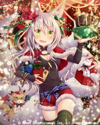 Rule 34 | 1girl, animal, animal ears, bell, blush, bow, breasts, christmas ornaments, cleavage, falkyrie no monshou, fang, flower, fox, fox ears, fox girl, fox tail, gift, green bow, green eyes, green ribbon, green thighhighs, hair flower, hair ornament, holding, holding gift, long hair, looking at viewer, medium breasts, natsumekinoko, official art, open mouth, red bow, red ribbon, ribbon, silver hair, smile, solo, striped clothes, striped thighhighs, tail, thighhighs