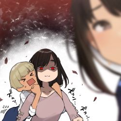 Rule 34 | &gt;o&lt;, &lt;o&gt; &lt;o&gt;, 3girls, :3, black hair, blue skirt, blurry, blurry foreground, bob cut, bow, breasts, brown eyes, brown hair, clenched hand, collar, collarbone, collared shirt, douki-chan (douki-chan), ganbare douki-chan, highres, kouhai-chan (douki-chan), large breasts, light blush, light brown hair, medium hair, multiple girls, open mouth, pencil skirt, pink bow, pink shirt, red eyes, shaded face, shinjin-chan (douki-chan), shirt, short hair, skirt, sleeves rolled up, sweatdrop, tan, white collar, white shirt, yomu (sgt epper)