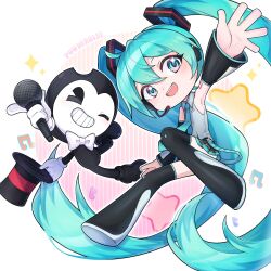 1boy 1girl :d absurdly_long_hair aqua_eyes aqua_hair bare_shoulders beamed_eighth_notes bendy bendy_and_the_ink_machine bow bowtie commentary crossover demon detached_sleeves gloves grey_shirt grin hair_between_eyes hair_ornament hat hatsune_miku highres holding holding_hat holding_microphone holding_unworn_clothes long_hair microphone musical_note necktie one_eye_closed open_mouth pac-man_eyes powderblue_lan shirt skirt sleeveless sleeveless_shirt smile thighhighs twintails unworn_hat unworn_headwear very_long_hair vocaloid