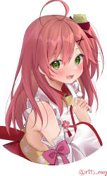Rule 34 | 1girl, absurdres, ahoge, bare shoulders, blush, detached sleeves, green eyes, hair ornament, hairclip, highres, hololive, kawai ritsu (rits meg), long hair, looking at viewer, open mouth, paw print, paw print pattern, pink hair, sakura miko, sakura miko (1st costume), solo, twitter username, virtual youtuber, white background, x hair ornament