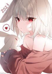 Rule 34 | 1girl, 2023, animal ears, bare shoulders, brown shirt, chinese zodiac, closed mouth, commentary, grey hair, hair between eyes, heart, highres, holding, holding stuffed toy, long sleeves, looking at viewer, mafuyu (chibi21), off shoulder, original, rabbit ears, red eyes, shirt, simple background, sleeves past wrists, solo, spoken heart, stuffed animal, stuffed rabbit, stuffed toy, symbol-only commentary, white background, year of the rabbit