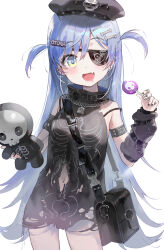 Rule 34 | 1girl, :d, absurdres, bag, black dress, blue hair, candy, clothing cutout, cowboy shot, detached sleeves, dress, eyepatch, fang, food, green eyes, hat, highres, holding, holding candy, holding food, holding lollipop, holding stuffed toy, lollipop, long hair, looking at viewer, navel cutout, open mouth, shoulder bag, skin fang, smile, solo, soyoong jun, standing, stuffed toy, two side up, very long hair, virtual youtuber, vspo!, yano kuromu