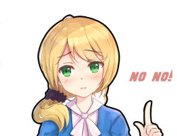 Rule 34 | 1girl, bad id, bad pixiv id, blonde hair, byakuya reki, commentary request, ellen baker, english text, green eyes, long hair, looking at viewer, new horizon, open mouth, scrunchie, solo, upper body