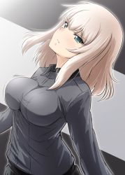 Rule 34 | 10s, 1girl, blue eyes, blush, bouncing breasts, breasts, diesel-turbo, girls und panzer, impossible clothes, itsumi erika, large breasts, long sleeves, looking at viewer, military, military uniform, parted lips, school uniform, short hair, silver hair, solo, uniform, upper body