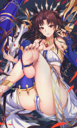 Rule 34 | 1girl, anklet, antiqq, armlet, asymmetrical legwear, asymmetrical sleeves, bare shoulders, barefoot, black hair, black ribbon, bridal gauntlets, detached collar, earrings, elbow gloves, fate/grand order, fate (series), feet, foot focus, gloves, hair ribbon, hoop earrings, ishtar (fate), ishtar (fate), jewelry, long hair, neck ring, no shoes, parted lips, pelvic curtain, red eyes, ribbon, single elbow glove, single thighhigh, soles, solo, thighhighs, toeless legwear, toes, tohsaka rin, two side up, uneven legwear, uneven sleeves