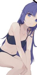 Rule 34 | 1girl, :o, black bra, black panties, blue archive, blue eyes, blush, bra, breasts, collarbone, facepaint, feet out of frame, halo, highres, hiroki (yyqw7151), invisible chair, long hair, looking at viewer, navel, panties, purple hair, simple background, sitting, small breasts, solo, star (symbol), stomach, underwear, underwear only, very long hair, white background, yuuka (blue archive)