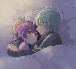 Rule 34 | 1boy, 1girl, bernadetta von varley, blush, byleth (fire emblem), byleth (male) (fire emblem), closed eyes, cuddling, fire emblem, fire emblem: three houses, looking at another, lying, nintendo, on bed, on side, pillow, purple eyes, purple hair, tefutene, under covers, watermark