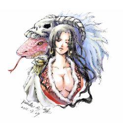 Rule 34 | 1girl, animal, black hair, boa hancock, breasts, cape, cleavage, earrings, eykihan, jewelry, large breasts, long hair, lowres, one piece, salome (one piece), signature, simple background, skull, smile, snake, white background, wink