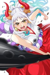 Rule 34 | 1girl, aqua hair, bare shoulders, breasts, club, club (weapon), commentary request, earrings, eyelashes, gradient hair, grey hair, hair ornament, hakama, hakama skirt, highres, holding, holding weapon, horns, japanese clothes, jewelry, kanabou, large breasts, long hair, looking at viewer, multicolored hair, one piece, open mouth, ponytail, red hakama, serious, sharumon, sideboob, simple background, skirt, solo, weapon, white background, white hair, yamato (one piece), yellow eyes