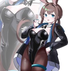 1girl absurdres amiya_(arknights) animal_ears arknights black_jacket black_leotard blue_eyes blush breasts brown_hair brown_pantyhose cowboy_shot hand_on_own_hip highleg highleg_panties highres jacket jewelry leotard long_hair long_sleeves looking_at_viewer medium_breasts multiple_rings open_clothes open_jacket open_mouth panties pantyhose playboy_bunny ring sidelocks smile solo spam_(spamham4506) standing sweatdrop thighlet underwear w white_background zoom_layer