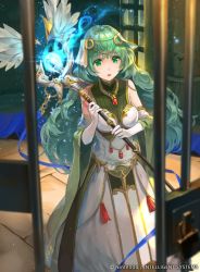 Rule 34 | 1girl, armor, bare shoulders, breastplate, circlet, company name, dress, fire emblem, fire emblem cipher, fire emblem echoes: shadows of valentia, gloves, green eyes, green hair, hmk84, jewelry, long hair, necklace, nintendo, official art, open mouth, solo, sparkle, staff, tatiana (fire emblem), wavy hair