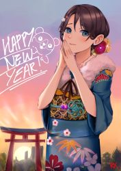 Rule 34 | 1girl, absurdres, backlighting, bang dream!, bear, black hair, black ribbon, blue eyes, blue kimono, blush, closed mouth, commentary request, cowboy shot, evening, fingernails, floral print, flower, fur collar, gradient sky, hair flower, hair ornament, hands up, happy new year, highres, japanese clothes, kimono, long sleeves, looking at viewer, nail polish, new year, nixour, obi, okusawa misaki, outdoors, own hands together, pink nails, print kimono, ribbon, sash, short hair, signature, sky, smile, solo, sunlight, sunset, torii, wide sleeves