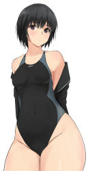Rule 34 | 1girl, amagami, bare shoulders, black cardigan, black hair, black one-piece swimsuit, black sailor collar, blue one-piece swimsuit, breasts, brown eyes, cardigan, collarbone, commentary, competition swimsuit, covered navel, cowboy shot, groin, highleg, highres, kibito high school uniform, light blush, looking at viewer, medium breasts, nanasaki ai, off shoulder, one-piece swimsuit, open cardigan, open clothes, parted lips, sailor collar, school uniform, serafuku, short hair, simple background, solo, swimsuit, swimsuit under clothes, undressing, white background, yoo tenchi