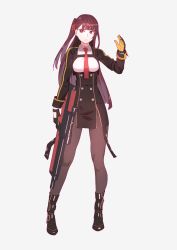 Rule 34 | 1girl, black gloves, boots, bullpup, girls&#039; frontline, gloves, gun, highres, long hair, necktie, pantyhose, purple hair, red eyes, red necktie, rifle, scope, sniper rifle, solo, twintails, wa2000 (girls&#039; frontline), walther, walther wa 2000, weapon, white background, yuuji (and)