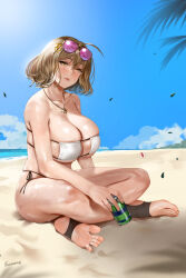 Rule 34 | 1girl, ahoge, anis (nikke), anis (sparkling summer) (nikke), ball, beach, beachball, bikini, blue sky, breasts, brown eyes, brown hair, can, closed mouth, collarbone, crossed legs, day, drink can, easonx, eyepatch bikini, eyewear on head, full body, goddess of victory: nikke, hair ornament, hairclip, highres, holding, holding can, huge breasts, indian style, jewelry, lips, looking at viewer, ocean, outdoors, pendant, pink-tinted eyewear, short hair, sitting, skindentation, sky, soda can, solo, stirrup footwear, stirrup legwear, sunglasses, swimsuit, thighs, tinted eyewear, toeless legwear, toes, wet, wet hair, white bikini