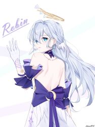 Rule 34 | 1girl, absurdres, backless dress, backless outfit, bare back, bare shoulders, blue eyes, character name, commentary request, detached sleeves, dress, facial mark, from behind, gloves, grey hair, hand up, head wings, highres, honkai: star rail, honkai (series), long hair, looking at viewer, looking back, parted lips, robin (honkai: star rail), short sleeves, simple background, solo, upper body, very long hair, white background, white gloves, wings, xiaoye795