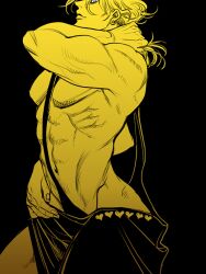 Rule 34 | 1boy, abs, dio brando, earrings, hand in own hair, jewelry, jojo no kimyou na bouken, merumeru626, monochrome, mullet, muscular, muscular male, official alternate costume, pectorals, revealing clothes, solo, stardust crusaders