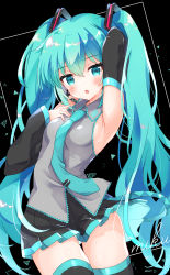 Rule 34 | 1girl, aqua eyes, aqua hair, aqua necktie, arm behind head, arm up, armpits, bare shoulders, black background, black skirt, black sleeves, black thighhighs, blush, character name, commentary request, cowboy shot, detached sleeves, grey shirt, hair ornament, hand on own chest, hatsune miku, headset, highres, long hair, looking at viewer, miniskirt, necktie, open mouth, pleated skirt, shirt, skindentation, skirt, sleeveless, sleeveless shirt, solo, thighhighs, twintails, very long hair, vocaloid, yukine, zettai ryouiki