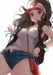 Rule 34 | 1girl, amasora taichi, armpits, backlighting, bag, bare arms, bare shoulders, baseball cap, between breasts, blue eyes, blue shorts, blush, breasts, brown hair, commentary request, cowboy shot, creatures (company), crop top, cutoffs, denim, denim shorts, from below, game freak, hand on own hip, hat, highleg, highres, hilda (pokemon), long hair, looking at viewer, looking down, navel, nintendo, no bra, open fly, pokemon, pokemon bw, shirt, short shorts, shorts, shoulder bag, sidelocks, sleeveless, sleeveless shirt, solo, strap between breasts, sweatband, thighs, torn clothes, torn shorts, v-shaped eyebrows, white shirt