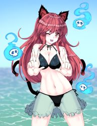 Rule 34 | 1girl, ;3, ;p, ?, alternate hairstyle, animal ears, cat ears, cat tail, double v, double w, flower, hair down, heart, highres, kaenbyou rin, long hair, ocean, one eye closed, red hair, rose, spoken question mark, spoken squiggle, squiggle, sunnysideup, swimsuit, tail, tongue, tongue out, touhou, v, w, wading, water
