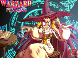 Rule 34 | 1girl, book, breasts, capcom, cape, cleavage, detached sleeves, flask, hat, large breasts, nikuji-kun, open book, puffy sleeves, purple eyes, red hair, short hair, sitting, solo, tabasa, taut clothes, warzard, witch, witch hat