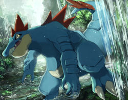 Rule 34 | claws, creatures (company), fangs, feraligatr, game freak, gen 2 pokemon, looking at viewer, nintendo, no humans, open mouth, outdoors, pippi (pixiv 1922055), pokemon, pokemon (creature), standing, tree, water, waterfall