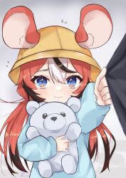 Rule 34 | 1girl, absurdres, animal ears, black hair, blue eyes, blush, child, closed mouth, clothes pull, flying sweatdrops, frown, hair between eyes, hakos baelz, hat, highres, hirasawa izumi, holding, holding stuffed toy, hololive, hololive english, kindergarten uniform, long hair, mouse ears, mouse girl, multicolored hair, pov, red hair, scared, school hat, streaked hair, stuffed animal, stuffed toy, teddy bear, virtual youtuber, white hair