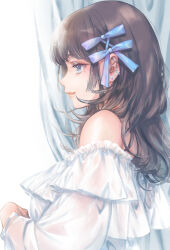 Rule 34 | 1girl, absurdres, bare shoulders, black hair, blue eyes, blue ribbon, cako ashida, closed mouth, curtains, dress, ear piercing, earrings, frilled dress, frills, from side, hair over shoulder, hair ribbon, highres, jewelry, lips, long hair, looking to the side, nose, off-shoulder dress, off shoulder, original, piercing, profile, ribbon, solo, upper body, wavy hair, white dress