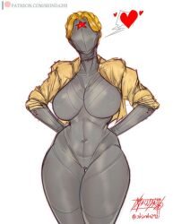 Rule 34 | 1girl, android, atomic heart, blonde hair, breasts, cleft of venus, completely nude, faceless, faceless female, facing viewer, female focus, large breasts, non-web source, nude, paid reward, robot, shinda292, short hair, simple background, solo, standing, thick thighs, thighs, white background, wide hips