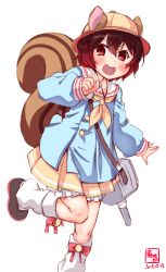 Rule 34 | 1girl, animal ears, artist logo, azur lane, brown hair, commentary request, cosplay, dated, gradient hair, highres, historical name connection, kanon (kurogane knights), kantai collection, kemonomimi mode, kindergarten uniform, looking at viewer, loose socks, multicolored hair, mutsuki (azur lane), mutsuki (azur lane) (cosplay), mutsuki (kancolle), name connection, neckerchief, open mouth, pleated skirt, red hair, revision, sailor collar, short hair, simple background, skirt, smile, socks, solo, squirrel ears, squirrel girl, squirrel tail, standing, standing on one leg, tail, teeth, upper teeth only, white background, white sailor collar, yellow neckerchief, yellow skirt