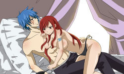 Rule 34 | 1boy, 1girl, blue hair, breasts, cleavage, couple, erza scarlet, fairy tail, jellal fernandes, large breasts, long hair, red hair, short hair, tattoo, topless