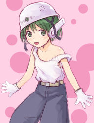 Rule 34 | 1girl, :d, belt, blush, camisole, gloves, green eyes, green hair, ha-ru, hard hat, helmet, matching hair/eyes, multi (to heart), open mouth, pants, pink background, robot ears, short hair, smile, solo, strap slip, tank top, to heart, to heart (series), white gloves, worker